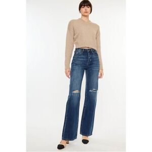 KanCan Ultra High Rise 90s Flare Distressed‎ Jeans Button Fly Medium Wash 5/26